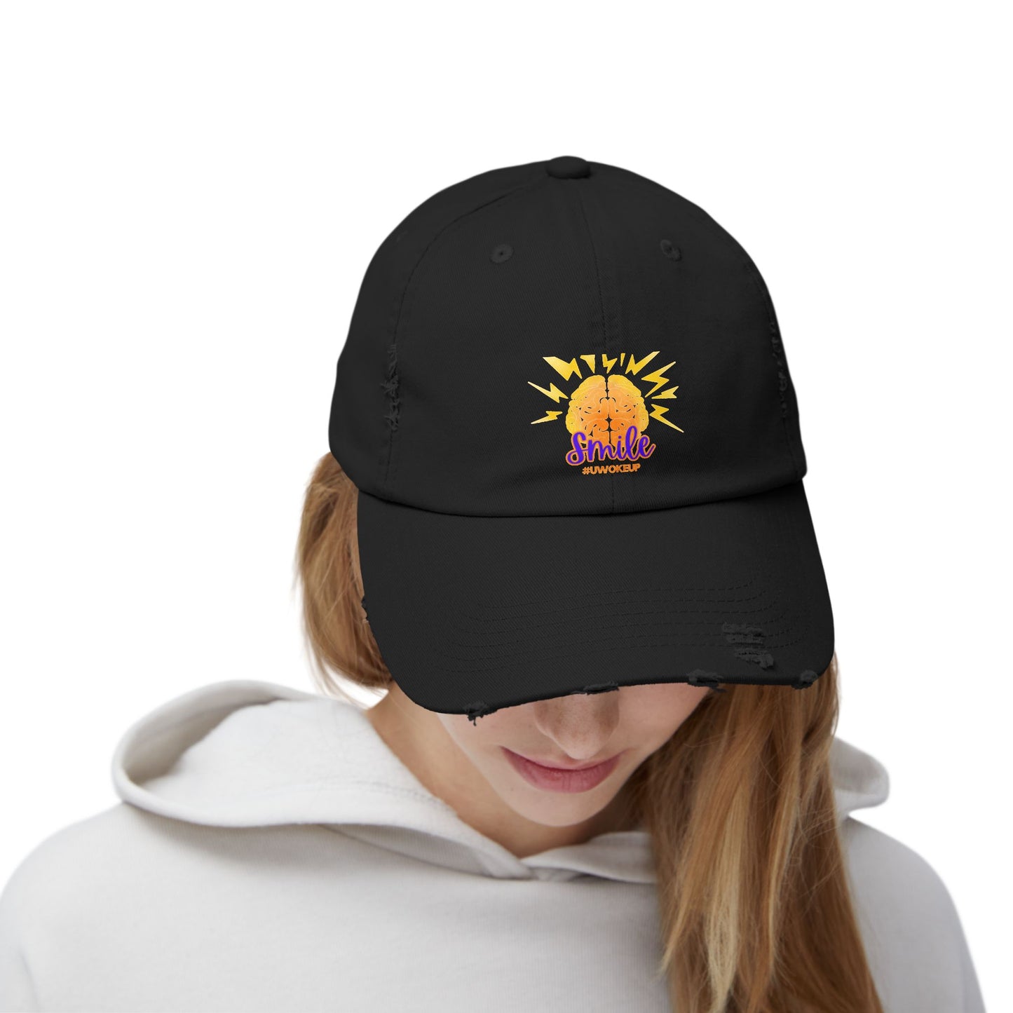 SMILE #UWokeUp Distressed Ball Cap